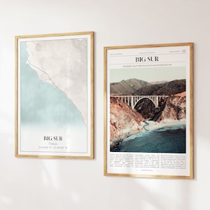 Big Sur City Prints Set de 2, Mapa de Big Sur, Foto de cartel de Big Sur, Arte de pared de Big Sur, Fotografía de Big Sur, California, Estados Unidos