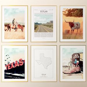 Lot de 6 impressions d'état du Texas, affiche photo du Texas, carte du Texas, galerie d'art mural du Texas, photographie du Texas, États-Unis
