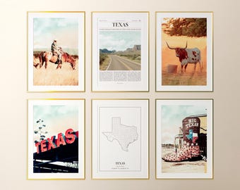 Texas State Prints Set of 6, Texas Photo Poster, Texas Map, Texas Wall Art Gallery, Texas Photography, United States