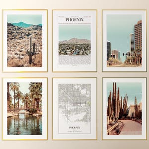 Juego de 6 impresiones de la ciudad de Phoenix, póster fotográfico de Phoenix, mapa de Phoenix, galería de arte mural de Phoenix, fotografía de Phoenix, Arizona, Estados Unidos