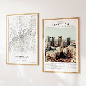 Lot de 2 impressions sur la ville de Birmingham, carte de Birmingham, affiche photo de Birmingham, photographie de Birmingham, Alabama, États-Unis