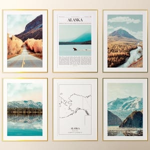 Conjunto de 6 impresiones del estado de Alaska, pósteres fotográficos de Alaska, mapa de Alaska, arte mural de Alaska, fotografía de Alaska, Estados Unidos