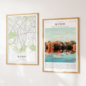 Sutton City Prints 2er-Set, Sutton Karte, Sutton Poster Foto, Sutton Wandkunst, Sutton Photography, Vereinigtes Königreich