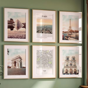 Paris City Prints Set of 6, Paris Poster Photos, Paris Map, Paris Wall Art, Paris Photography, France
