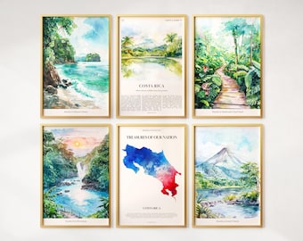 Watercolor Costa Rica Prints Set of 6, Colorful Costa Rica Posters, Costa Rica Wall Art, Costa Rica Gift, Costa Rica Map, Costa Rica
