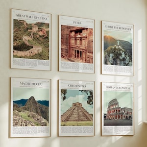 World Wonders Wall Art Prints Set of 6, Great Wall of China, Petra, Christ the Redeemer, Machu Picchu, Chichén Itzá, Roman Colosseum Wonders