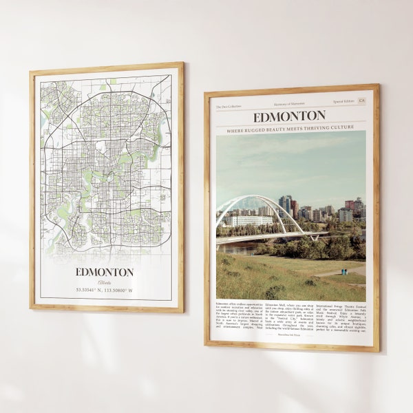 Edmonton City Prints Ensemble de 2, Carte d’Edmonton, Photo d’affiche d’Edmonton, Art mural d’Edmonton, Photographie d’Edmonton, Alberta, Canada