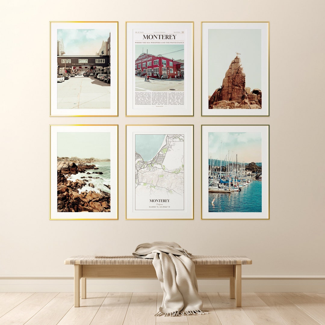 Monterey City Prints Set of 6, Monterey Poster Photos, Monterey Map