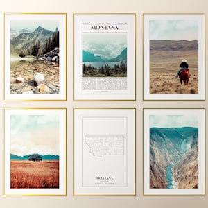 Montana State Prints Set van 6, Montana Photo Poster, Montana Map, Montana Wall Art Gallery, Montana Photography, Verenigde Staten