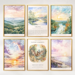 Watercolor Virginia Prints Set of 6, Colorful Virginia Posters, Virginia Wall Art, Virginia Gift, United States