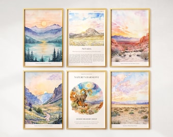 Akvarell Nevada-tryck Set med 6, Färgglada Nevada-affischer, Nevada-väggkonst, Nevada-present, USA