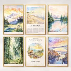 Juego de 6 impresiones en acuarela de Washington, pósteres coloridos de Washington, marmota olímpica, arte mural de Washington, regalo de Washington, Estados Unidos