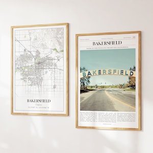 Lot de 2 tirages de la ville de Bakersfield, carte de Bakersfield, affiche photo de Bakersfield, Bakersfield Photography, Californie, États-Unis