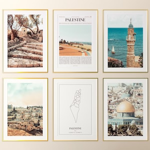Conjunto de 6 impressões da Palestina, pôster fotográfico da Palestina, mapa da Palestina, galeria de arte de parede da Palestina, fotografia da Palestina, Palestina