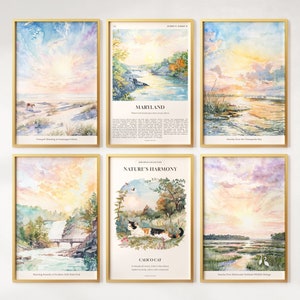 Watercolor Maryland Prints Set of 6, Colorful Maryland Posters, Calico cat, Maryland Wall Art, Maryland Gift, United States