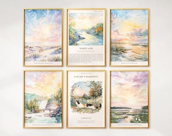 Watercolor Maryland Prints Set of 6, Colorful Maryland Posters, Calico cat, Maryland Wall Art, Maryland Gift, United States