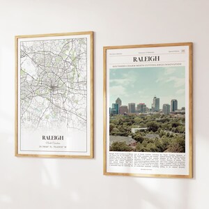 Lot de 2 impressions sur la ville de Raleigh, carte de Raleigh, affiche photo de Raleigh, art mural Raleigh, photographie de Raleigh, Caroline du Nord, États-Unis