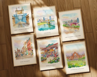 Cincinnati OH Watercolor Prints Gallery Wall, Colorful Cincinnati Painting Posters, Cincinnati Gift, Ohio, United States