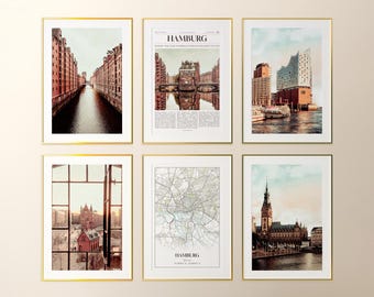 Hamburg Prints Set of 6, Hamburg Poster Photos, Hamburg Map, Hamburg Wall Art, Hamburg Photography, Germany Art