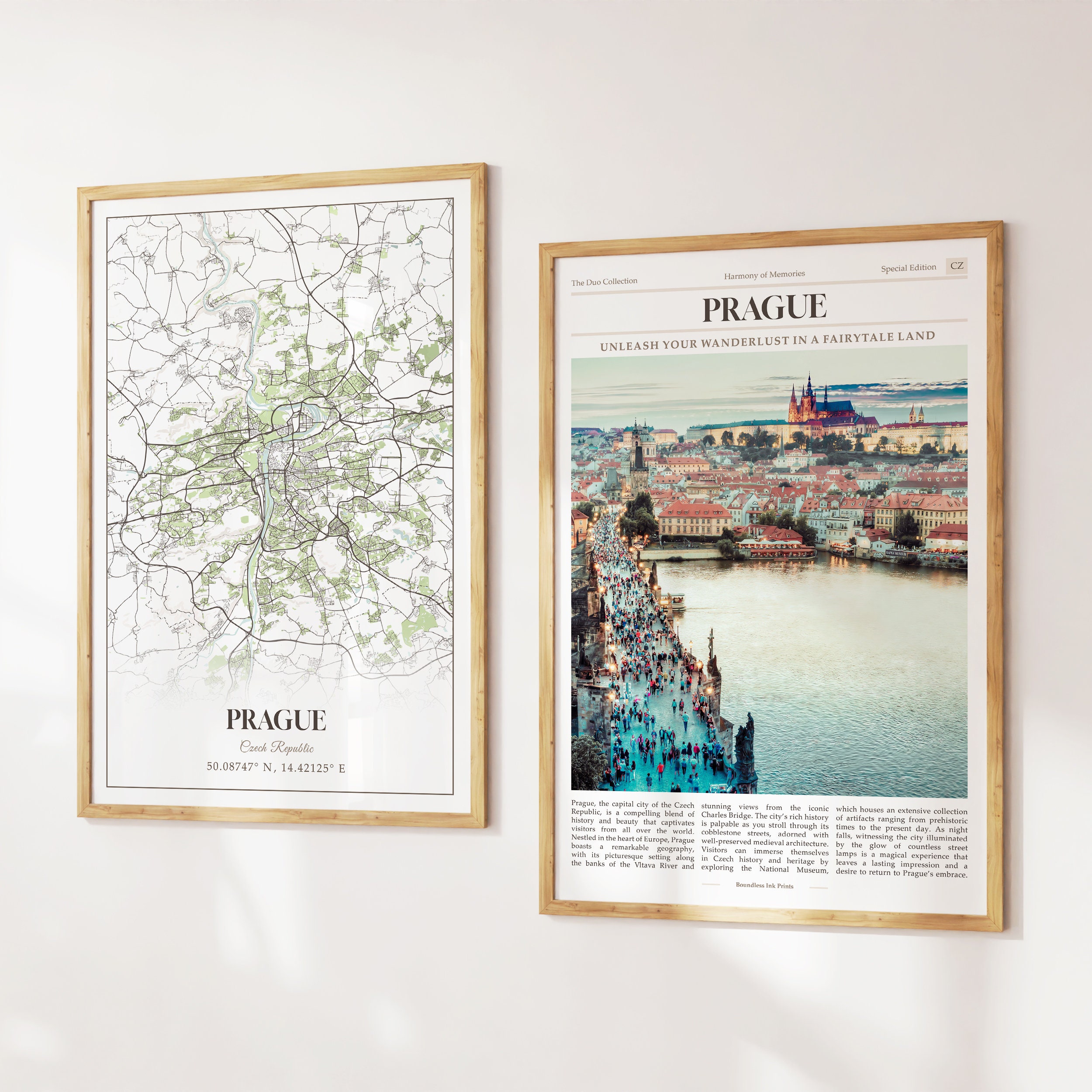 Prague City Prints Set of 2, Prague Map, Prague Poster Photo, Prague Wall Art, Prague Photography, Czech Republic