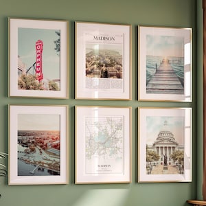 Conjunto de 6 impressões da cidade de Madison, fotos de pôster de Madison, mapa de Madison, arte de parede de Madison, fotografia de Madison, Wisconsin, Estados Unidos
