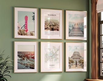 Juego de 6 láminas de Madison, fotos de póster de Madison, mapa de Madison, arte mural de Madison, fotografía de Madison, arte de Wisconsin