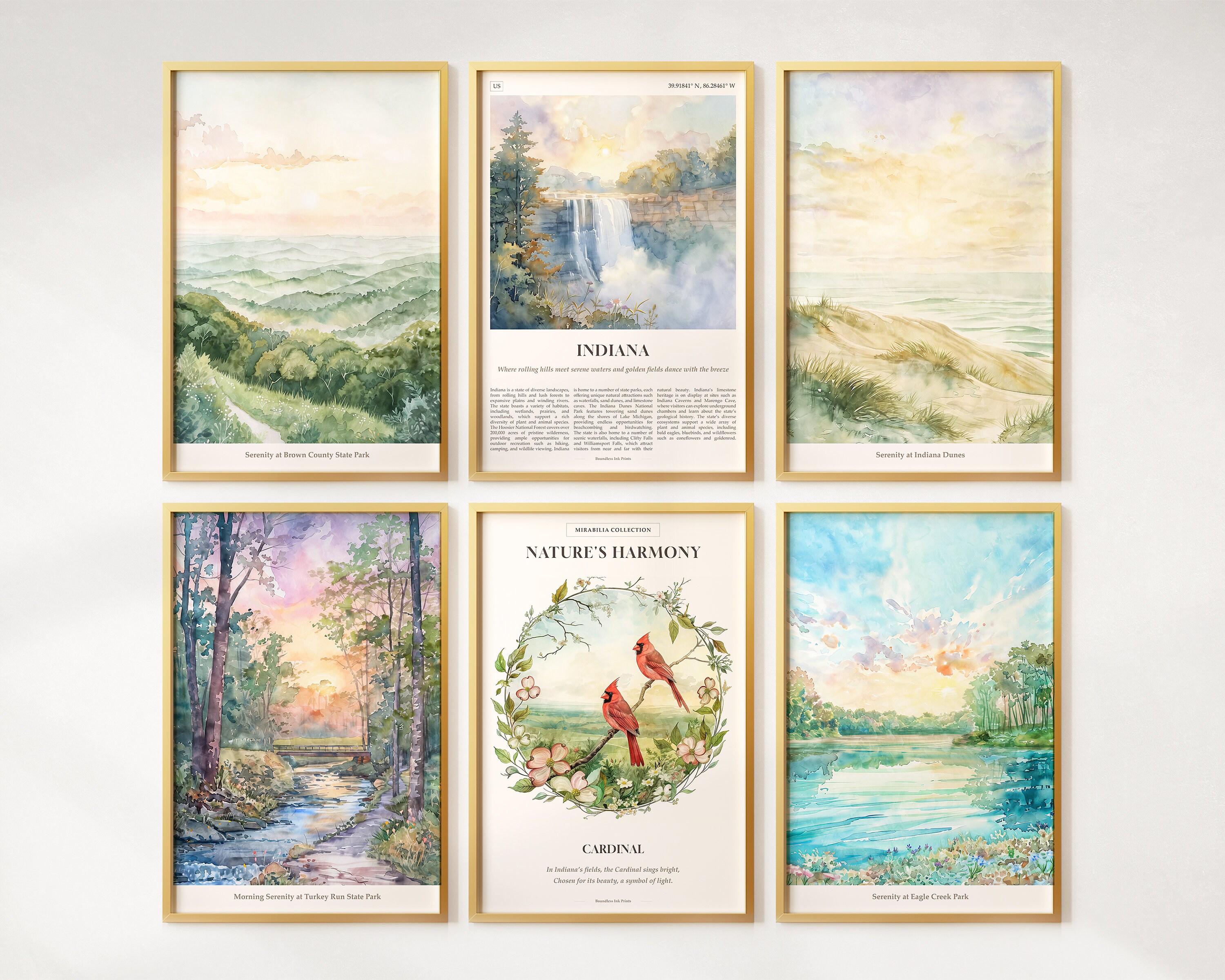 Watercolor Indiana Prints Set of 6, Colorful Indiana Posters, Cardinal, Indiana Wall Art, Indiana Gift, United States