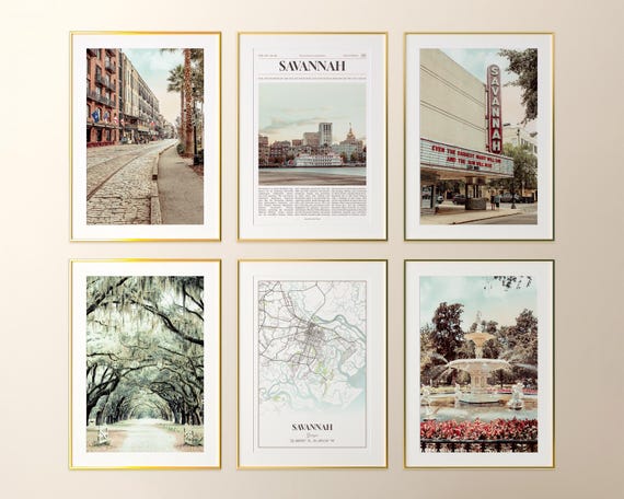 Savannah Prints Set of 6, Savannah Poster Photos, Savannah Map, Savannah Wall Art, Savannah Photography, Georgia Art
