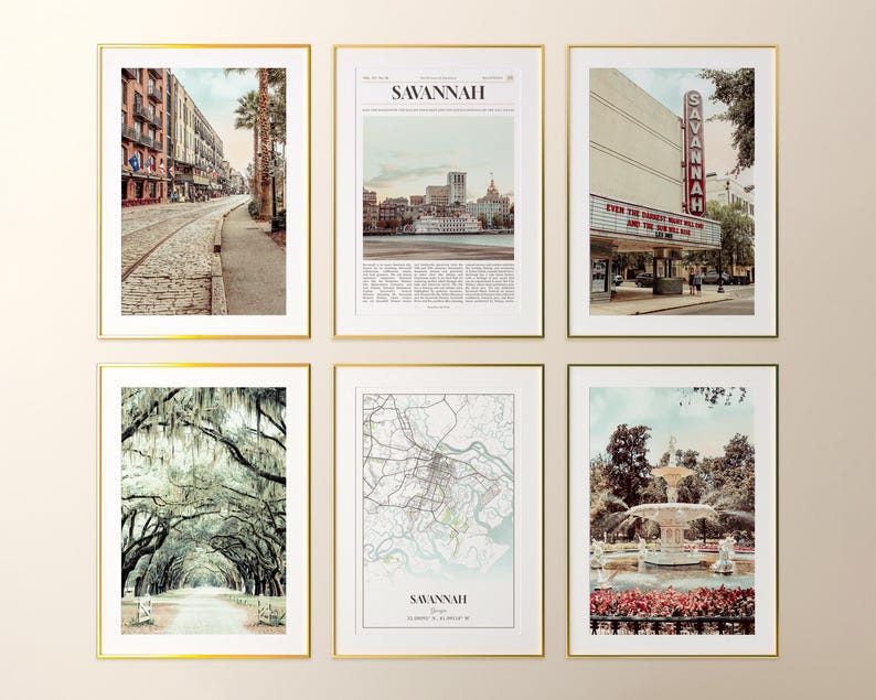 May include: Six framed art prints with gold frames. The prints feature images of Savannah, Georgia, including street scenes, a theater marquee, a map, and a fountain. The prints are in a variety of sizes and orientations.