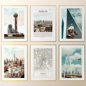 Conjunto de 6 impressões da cidade de Dallas, pôster fotográfico de Dallas, mapa de Dallas, galeria de arte de parede de Dallas, fotografia de Dallas, Texas, Estados Unidos