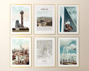 Dallas City Prints Set of 6, Dallas Photo Poster, Dallas Map, Dallas Wall Art Gallery, Dallas Photography, Texas, United States