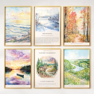 May include: Six watercolor paintings in gold frames depicting various scenes from Minnesota. The paintings include a sunset over Lake Superior, a snowy forest scene, a fall scene in a state park, a sunset over a lake, a wolf in a forest, and a river valley in spring.