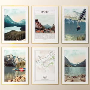 Conjunto de 6 impressões da cidade de Banff, fotos de pôsteres de Banff, mapa de Banff, arte de parede de Banff, fotografia de Banff, Alberta, Canadá