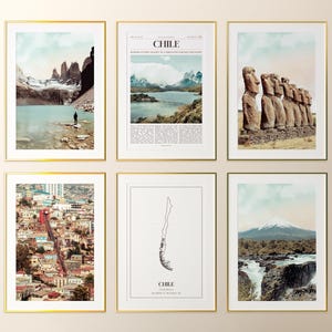 Conjunto de 6 impressões do Chile, pôster fotográfico do Chile, mapa do Chile, galeria de arte de parede do Chile, fotografia do Chile, Chile