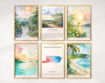May include: Six framed watercolor prints featuring scenes of Puerto Rico. The prints depict landscapes with waterfalls, beaches, and sunsets. The frames are gold-colored, and some prints include text such as "Puerto Rico" and "Treasures of Our Nation."