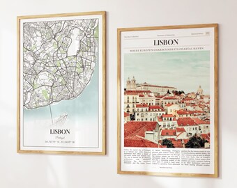 Lisbon City Prints Set of 2, Lisbon Map, Lisbon Poster Photo, Lisbon Wall Art, Lisbon Photography, Portugal