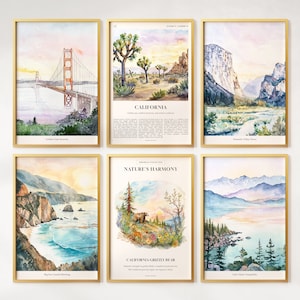 Juego de 6 impresiones en acuarela de California, pósteres coloridos de California, arte mural de California, regalo de California, Estados Unidos