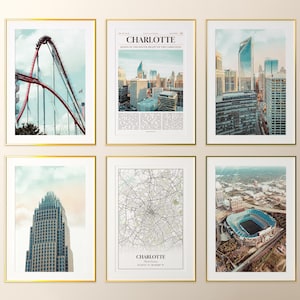 Conjunto de 6 impressões da cidade de Charlotte, pôster fotográfico de Charlotte, mapa de Charlotte, fotografia de Charlotte, Carolina do Norte, Estados Unidos