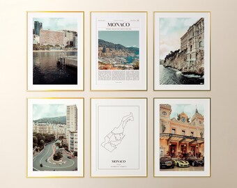Monaco Prints Set of 6, Monaco Poster Photos, Monaco Map, Monaco Wall Art, Monaco Photography
