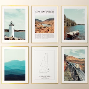 New Hampshire State Prints Set van 6, New Hampshire poster foto's, New Hampshire kaart, New Hampshire fotografie, Verenigde Staten