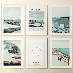 Juego de 6 impresiones de la Antártida, fotografías de pósteres de la Antártida, mapa de la Antártida, arte mural de la Antártida, fotografía de la Antártida, Antártida