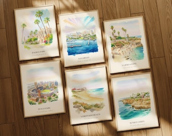 San Diego CA Watercolor Prints Gallery Wall, Colorful San Diego Painting Posters, San Diego Gift, California, United States