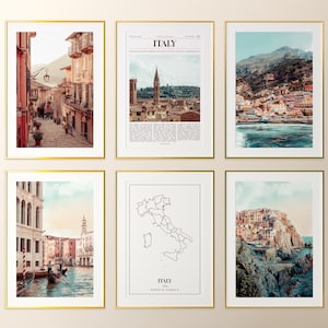 Conjunto de 6 impressões da Itália, fotos de pôsteres da Itália, mapa da Itália, arte de parede da Itália, fotografia da Itália, Itália