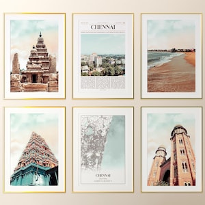 Conjunto de 6 impressões da cidade de Chennai, fotos de pôster de Chennai, mapa de Chennai, arte de parede de Chennai, fotografia de Chennai, Tamil Nadu, Índia
