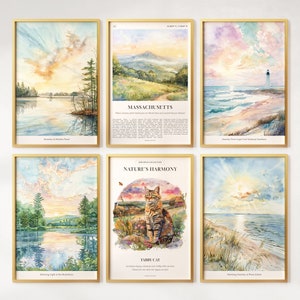 Juego de 6 impresiones en acuarela de Massachusetts, pósteres coloridos de Massachusetts, arte mural de Massachusetts, regalo de Massachusetts, Estados Unidos