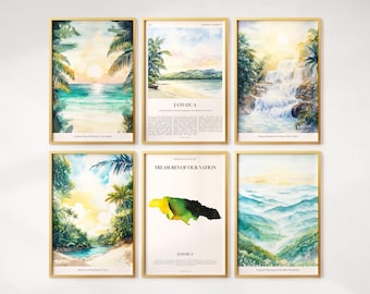 Watercolor Jamaica Prints Set of 6, Colorful Jamaica Posters, Jamaica Wall Art, Jamaica Gift, Jamaica Map, Jamaica