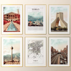 Conjunto de 6 impressões da cidade de Teerã, pôster fotográfico de Teerã, mapa de Teerã, galeria de arte de parede de Teerã, fotografia de Teerã, Irã