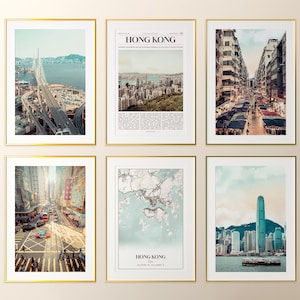 Conjunto de 6 impresiones de la ciudad de Hong Kong, fotos de pósteres de Hong Kong, mapa de Hong Kong, arte mural de Hong Kong, fotografía de Hong Kong, China
