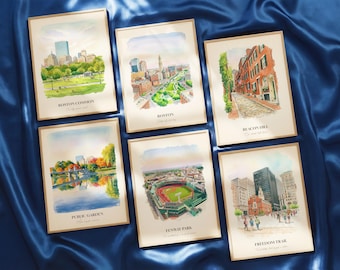 Boston MA Watercolor Prints Gallery Wall, Colorful Boston Painting Posters, Boston Wall Art, Boston Gift, Massachusetts, United States