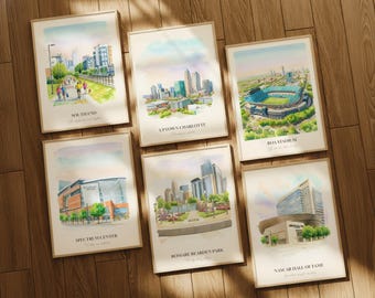 Charlotte NC Watercolor Prints Gallery Wall, Colorful Charlotte Painting Posters, Charlotte Gift, North Carolina, United States
